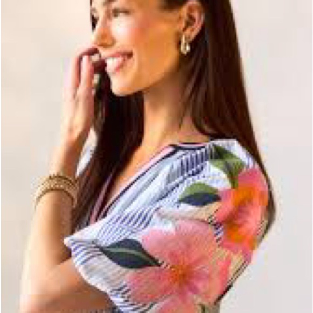 THML Coleen Top in Blue & White Stripe,Puff Sleeves With Floral Accents - Picture 4 of 9